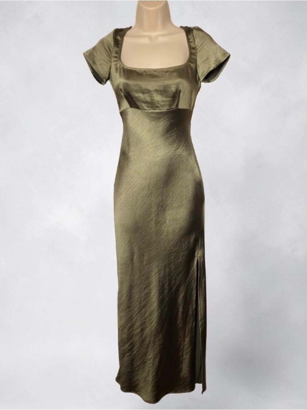 Satin Olive Midi Dress with Scoop Neck and Short Sleeves